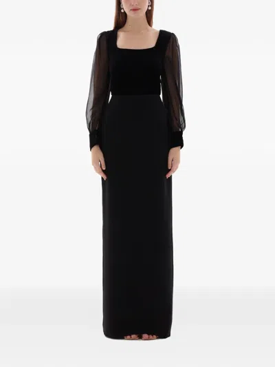Dina Melwani Velvet Chiffon Evening Gown In Black