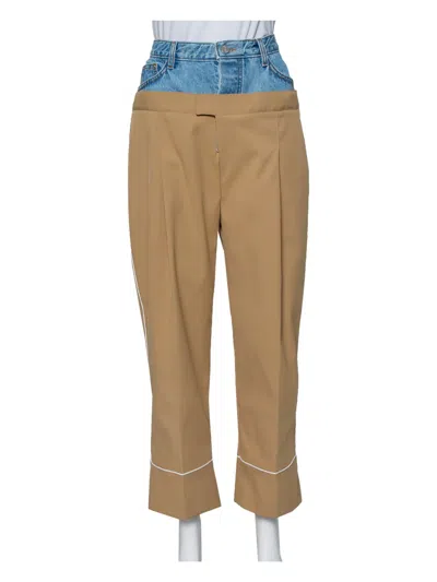 Pre-owned Dina Zaki Denim-overlay Trousers In Brown
