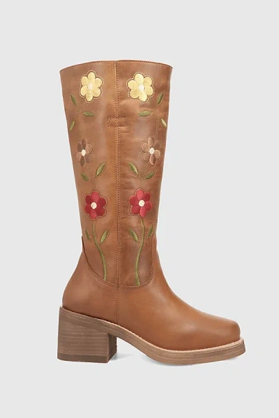 Dingo Bloom Embroidered Leather Boot In Tan, Women's At Urban Outfitters In Brown