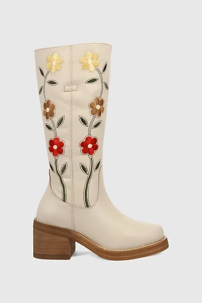 Dingo Bloom Embroidered Leather Boot In White, Women's At Urban Outfitters
