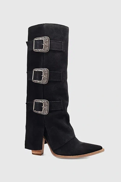 Dingo Buckle Bunny Suede Foldover Cowboy Boot In Black, Women's At Urban Outfitters