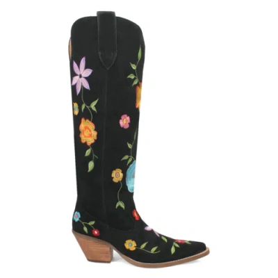 Pre-owned Dingo Flower Power Embroidered Floral Snip Toe Cowboy Womens Black Casual Boots