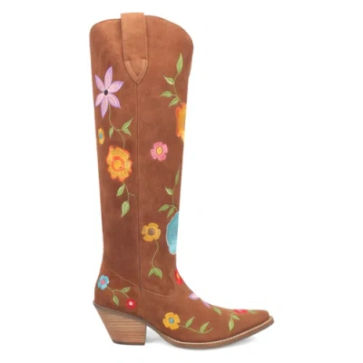 Pre-owned Dingo Flower Power Embroidered Floral Snip Toe Cowboy Womens Brown Casual Boots