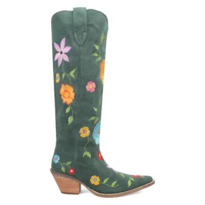 Pre-owned Dingo Flower Power Embroidered Floral Snip Toe Cowboy Womens Green Casual Boots