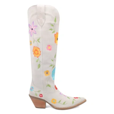Pre-owned Dingo Flower Power Embroidered Floral Snip Toe Cowboy Womens White Casual Boots