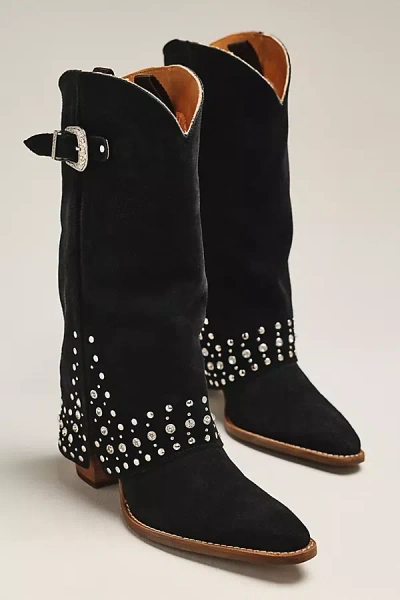 Dingo Womens Howdy Honey Suede Leather Boot Block Heel Cowboy Boots In Black
