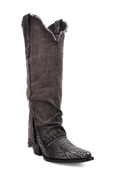 Dingo Knee High Denim & Snakeskin Embossed Western Boot In Black
