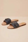 Dingo Lariat Black Leather Studded Buckle Slide Sandals In Black
