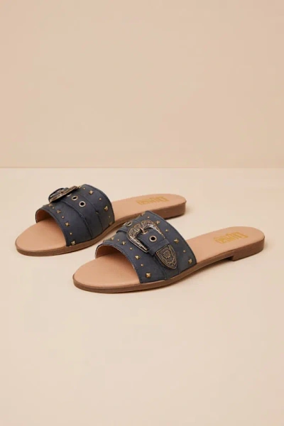 Dingo Lariat Black Leather Studded Buckle Slide Sandals