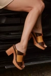 Dingo Mosaic Multi Leather Patchwork Wooden Platform Slide Sandals In Brown