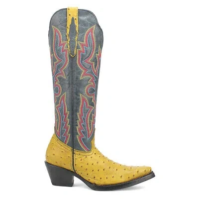 Pre-owned Dingo Selene Ostrich Print Snip Toe Cowboy Womens Blue, Yellow Casual Boots Di2