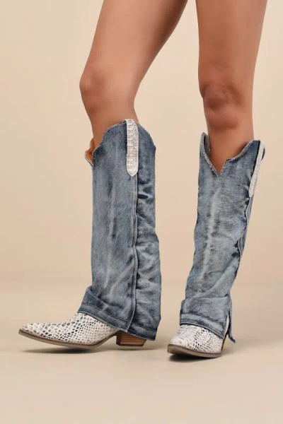 DINGO SHABBY BLUE DENIM LEATHER KNEE-HIGH WESTERN BOOTS
