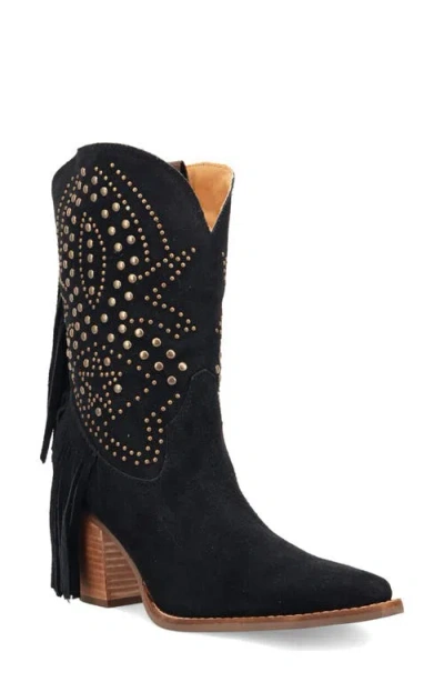 Dingo Star Power Fringe & Stud Western Boot In Black