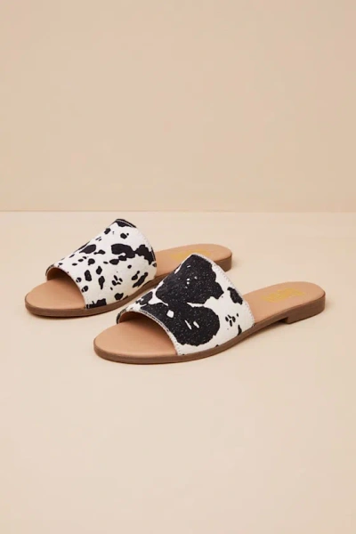 Dingo Tabby Cow Calf Hair Slide Sandals In White