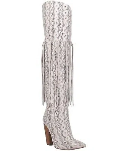 Pre-owned Dingo Women's Kitty Kat Snake Print Fringe Tall Western Boot Pointed Toe - Di In White
