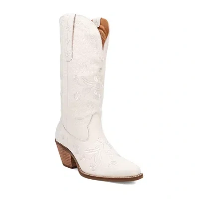 Dingo Womens Love Bug Leather Stacked Heel Cowboy Boots In White