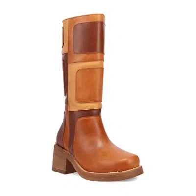 Dingo Womens Patches Leather Boot Block Heel Cowboy Boots In Brown