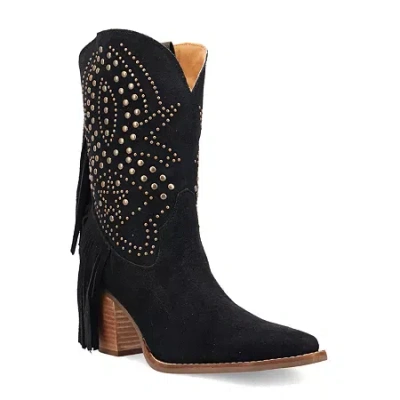 Dingo Womens Star Power Suede Leather Bootie Block Heel Cowboy Boots In Black
