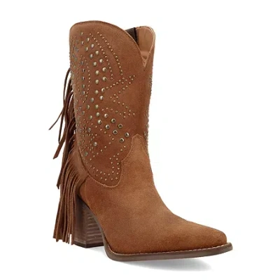 Dingo Womens Star Power Suede Leather Bootie Block Heel Cowboy Boots In Brown