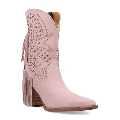 Dingo Womens Star Power Suede Leather Bootie Block Heel Cowboy Boots In Pink