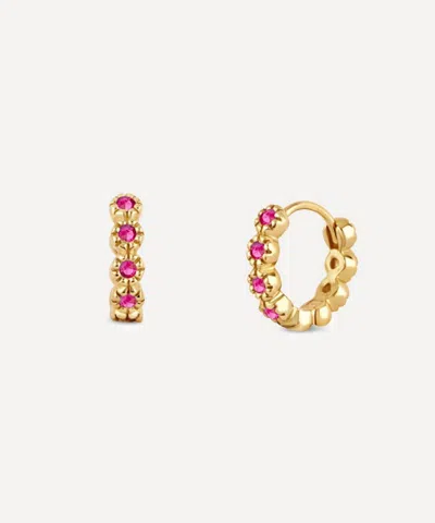 DINNY HALL DINNY HALL 14CT GOLD FORGET ME NOT RUBY HUGGIE HOOP EARRINGS