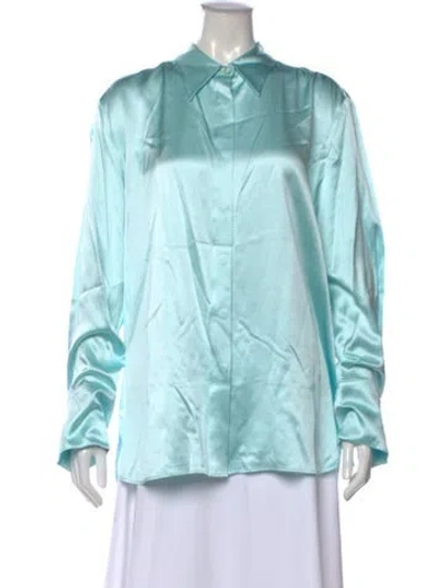 Pre-owned Diomi Silk Long Sleeve Button-up Top In Blue