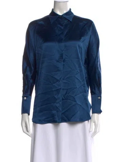 Pre-owned Diomi Silk Long Sleeve Button-up Top In Blue