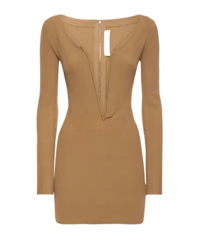 Dion Lee Deep V-neck Rib Knit Mini Dress In Brown