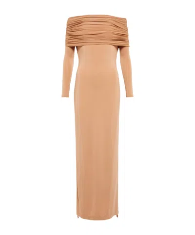 Dion Lee Off-shoulder Ruched Maxi Dress In Brown