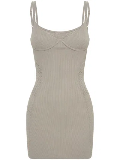 Dion Lee Serpent Lace-panel Ribbed-knit Minidress In Neutrals