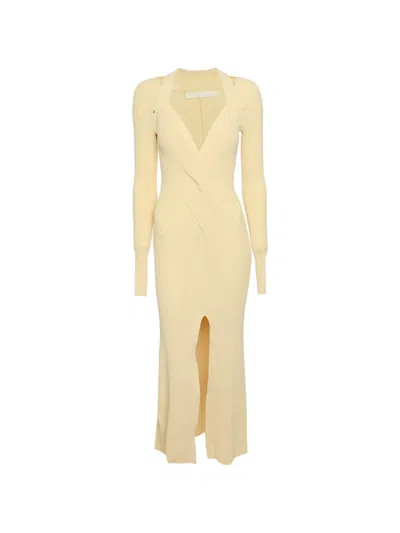 Pre-owned Dion Lee Twist-detail Rib-knit Midi Dress In Yellow