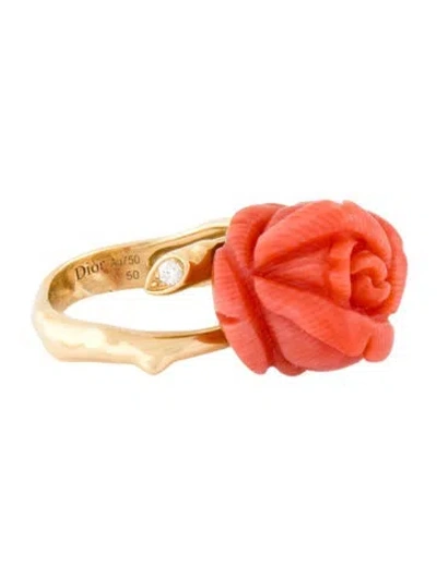 Pre-owned Dior 18k Coral & Diamond Cocktail Ring In Multi