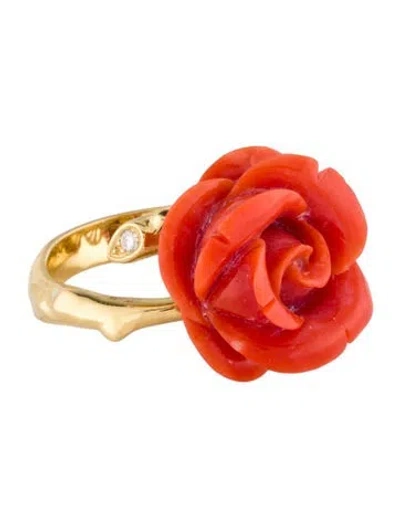 Pre-owned Dior 18k Coral Rose & Diamond Ring In Red