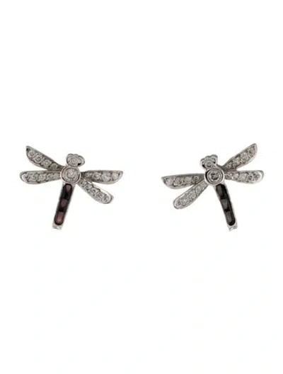 Pre-owned Dior 18k Diamond & Mother Of Pearl Dragonfly Stud Earrings In Multi
