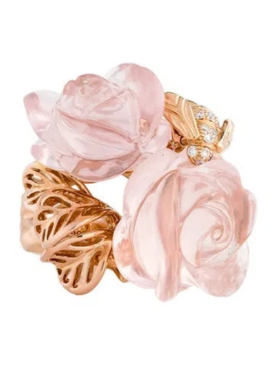 Pre-owned Dior 18k Rose Quartz & Diamond Large Rose  Pré Catelan Ring In Multi