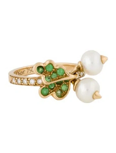 Pre-owned Dior 18k Tsavorite Garnet, Pearl, & Diamond Cocktail Ring In Multi