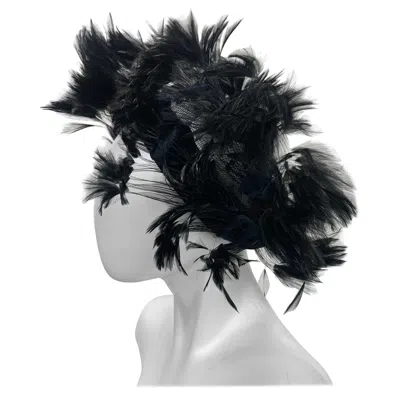 Pre-owned Dior 1950 Christian  Chapeaux Black Feather Turban W/ Velvet Applique Details