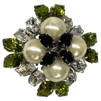 Pre-owned Dior 1959 Christian  Faux Pearl Green Crystal Costume Brooch