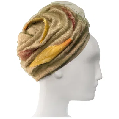 Pre-owned Dior 1960s Christian  Cream Wool Bouclé Turban-style Hat W/ Feathers Under Tulle In White