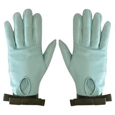 Pre-owned Dior 1960s Christian  Vintage Sky Blue Leather Gloves With Black Bow
