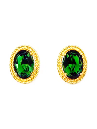 Pre-owned Dior 1968 Emerald Crystal Clip-on Earrings In Gold