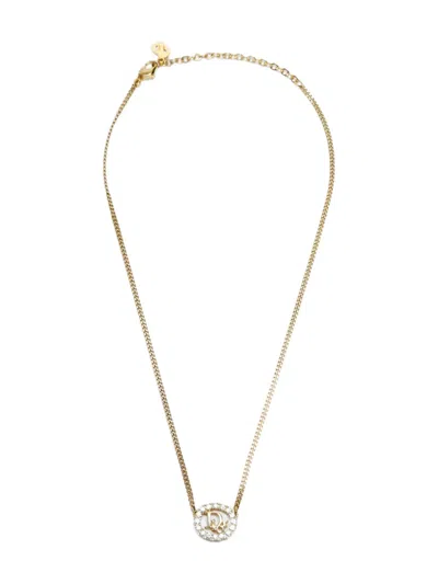 Pre-owned Dior 1970-1990s  Logo Rhinestone Necklace In Gold