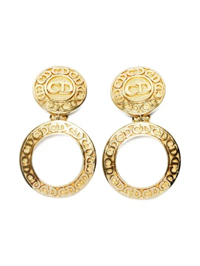 Pre-owned Dior 1970-1990s Logo Clip-on Earrings In Gold