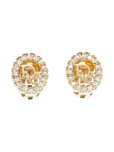 Pre-owned Dior 1970-1990s Rhinestone Logo Clip-on Earrings In Gold