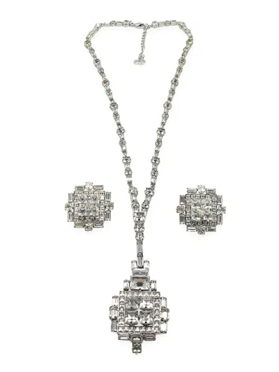 Pre-owned Dior 1970s Art Deco Pendant Necklace & Earrings In Silver