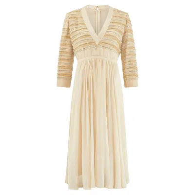 Pre-owned Dior 1970s Christian  Butterscotch Silk Sequin Trimmed Midi Dress In Sand