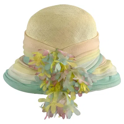 Pre-owned Dior 1970s Christian  Chapeaux Pastel Faux Flower Ruched Raffia Round Brim Hat In Sand
