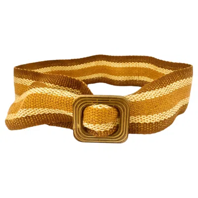 Pre-owned Dior 1970s Christian  Vintage Striped Boho Hippie Woven Belt With Wooden Buckle In Brown