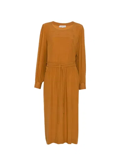 Pre-owned Dior 1970s Logo-print Belted Silk Midi Dress In 褐色