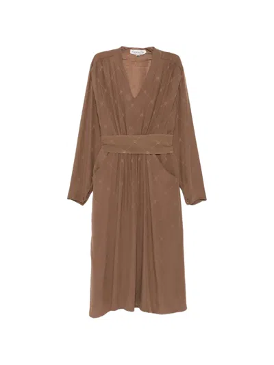 Pre-owned Dior 1970s V-neck Silk Dress In Brown